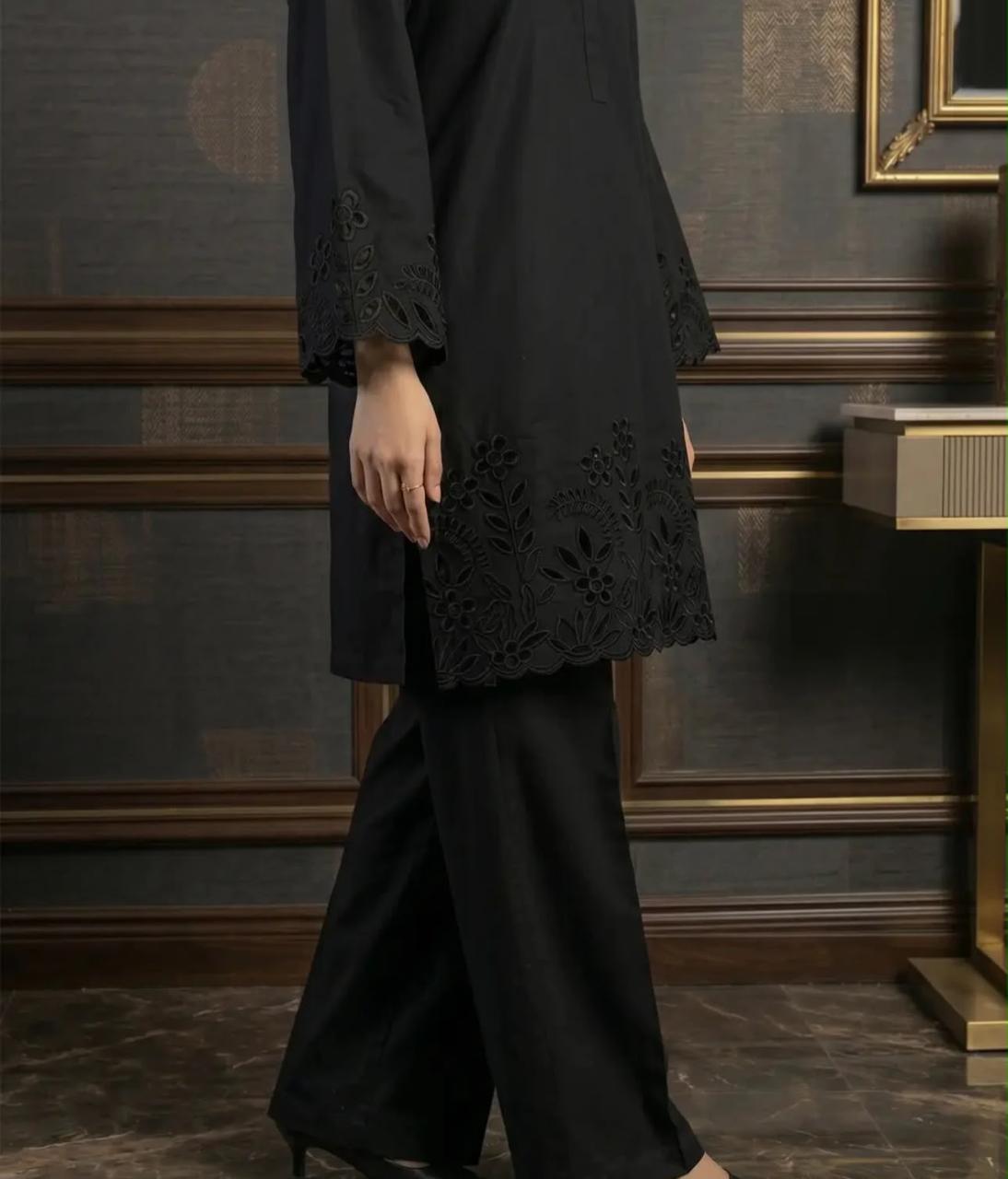 Flora Reign 2-Piece Black Embroidered Cotton Cord Suit