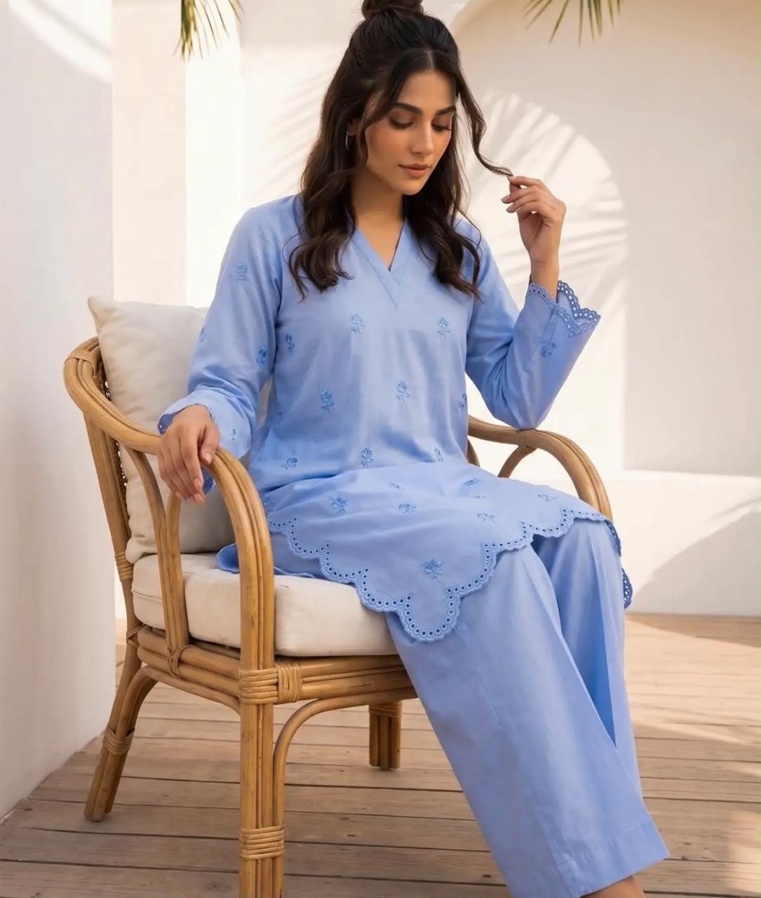 Mehr- 2 Piece Ice Blue Embroidered Cotton dress for Women