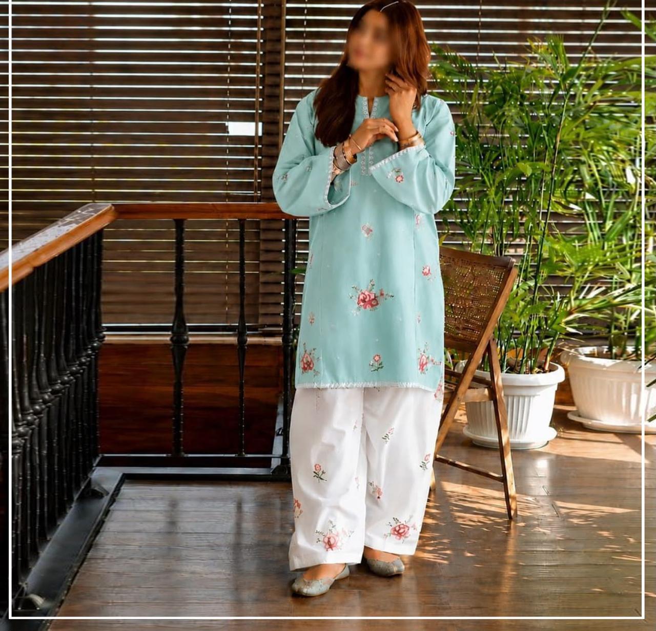 Flower Ice Blue 2-Piece Cotton suit for women