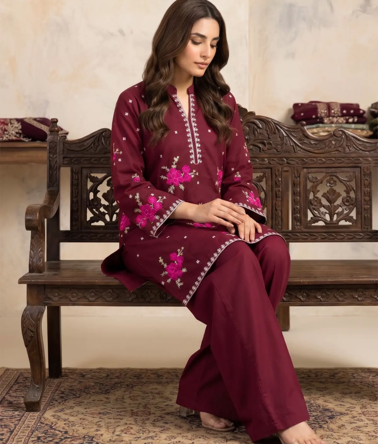 Marias 2 Piece Cotton Embroidered Maroon dress