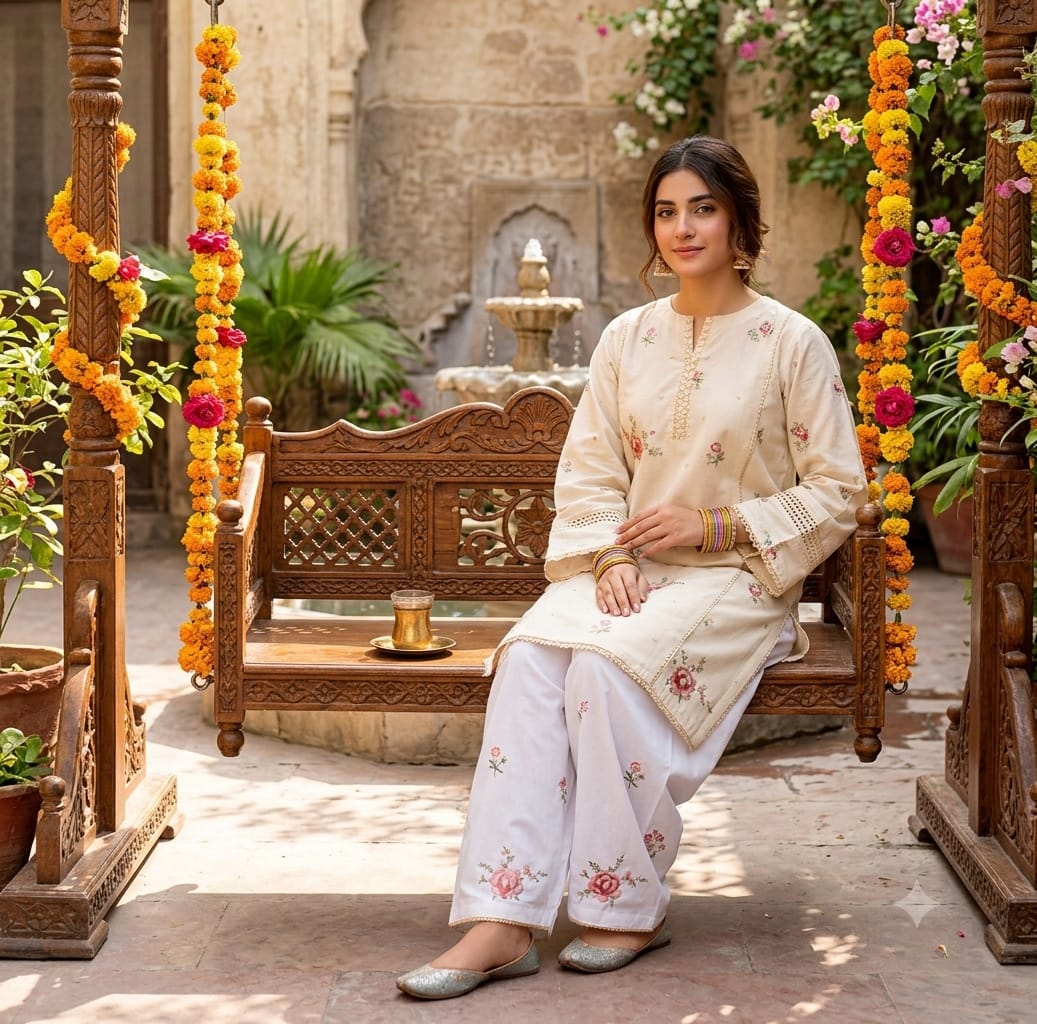 Flower Off White 2-Piece Cotton suit for women