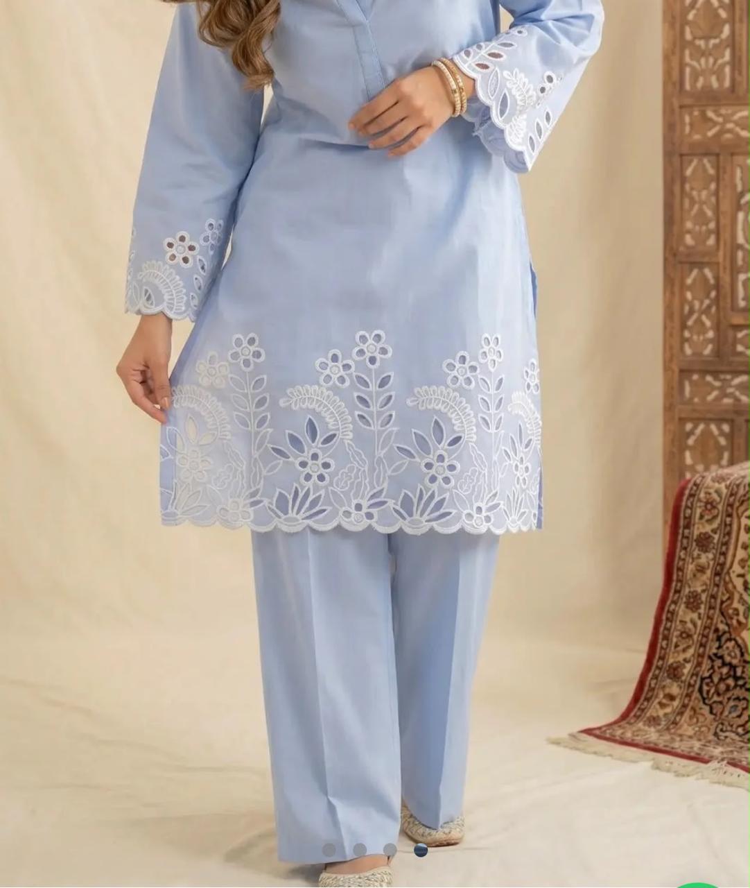 Flora Reign 2-Piece Pastel Blue Embroidered Cotton Cord Suit