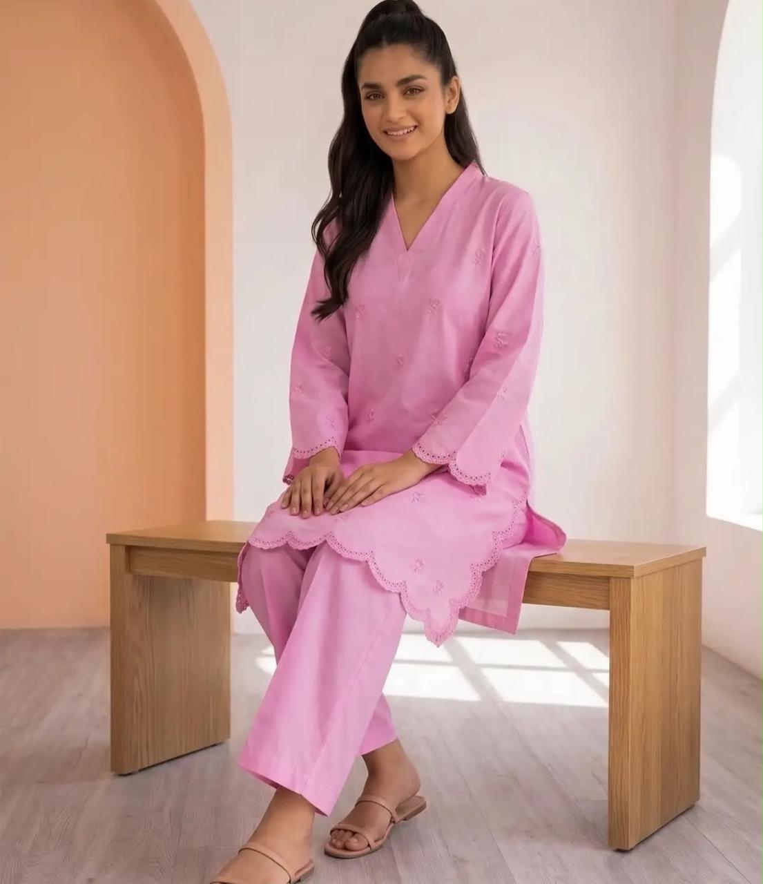 Mehr- 2 Piece Pink Embroidered Cotton dress for Women