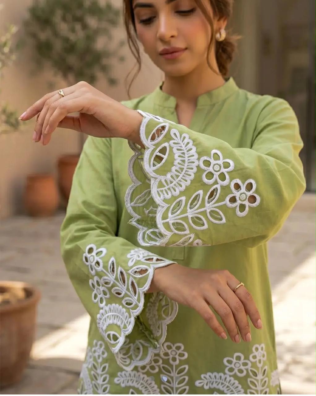 Flora Reign 2-Piece Pista Green Embroidered Cotton Cord Suit