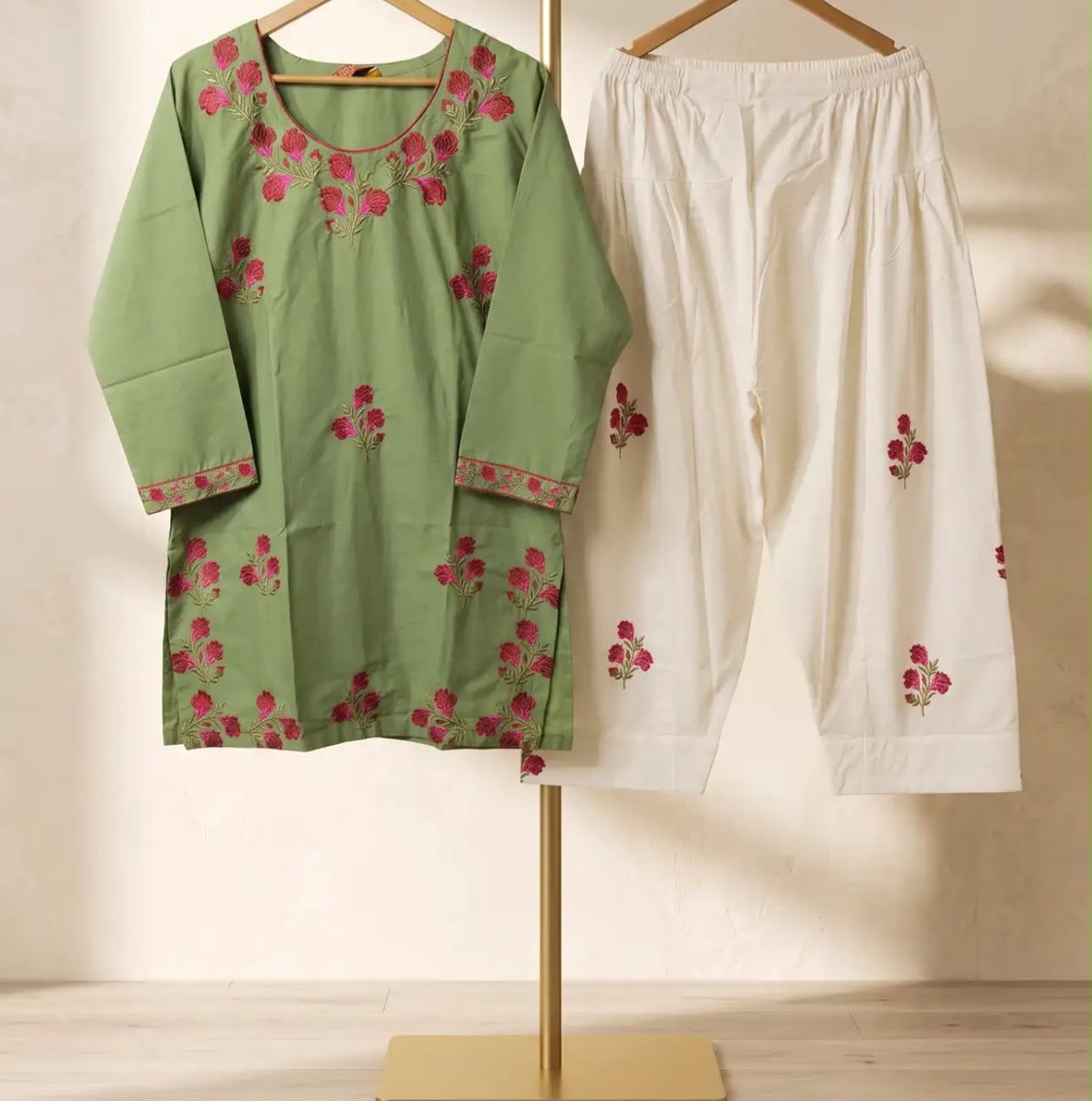 Gulab Sage Green 2-Piece Embroidered Cotton Suit for Women