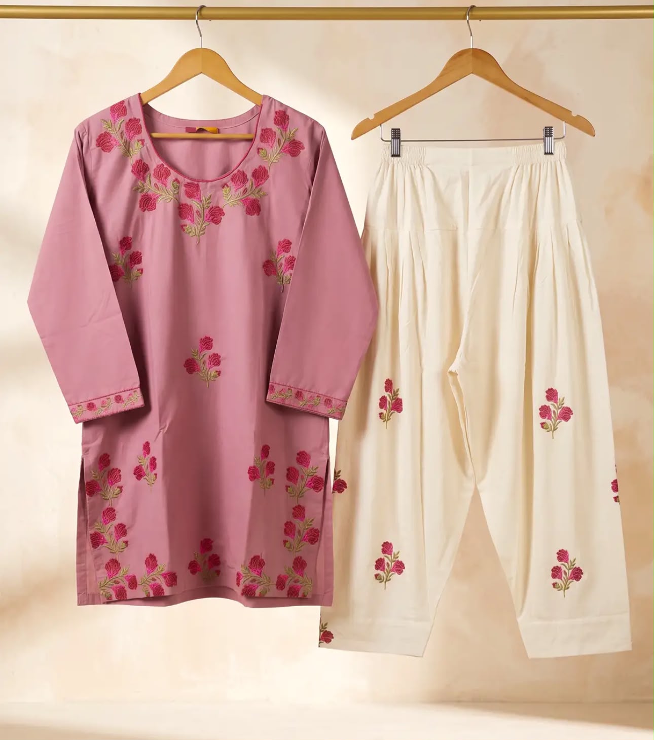 Gulab Tea Pink 2-Piece Embroidered Cotton Suit for Women
