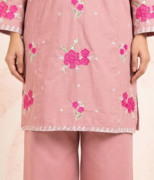 Marias 2 Piece Cotton Embroidered Tea Pink dress
