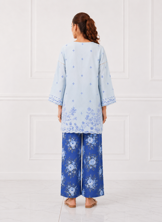 Ice Blue floral embroidered Bareeze cotton lawn 2 piece cord set back view