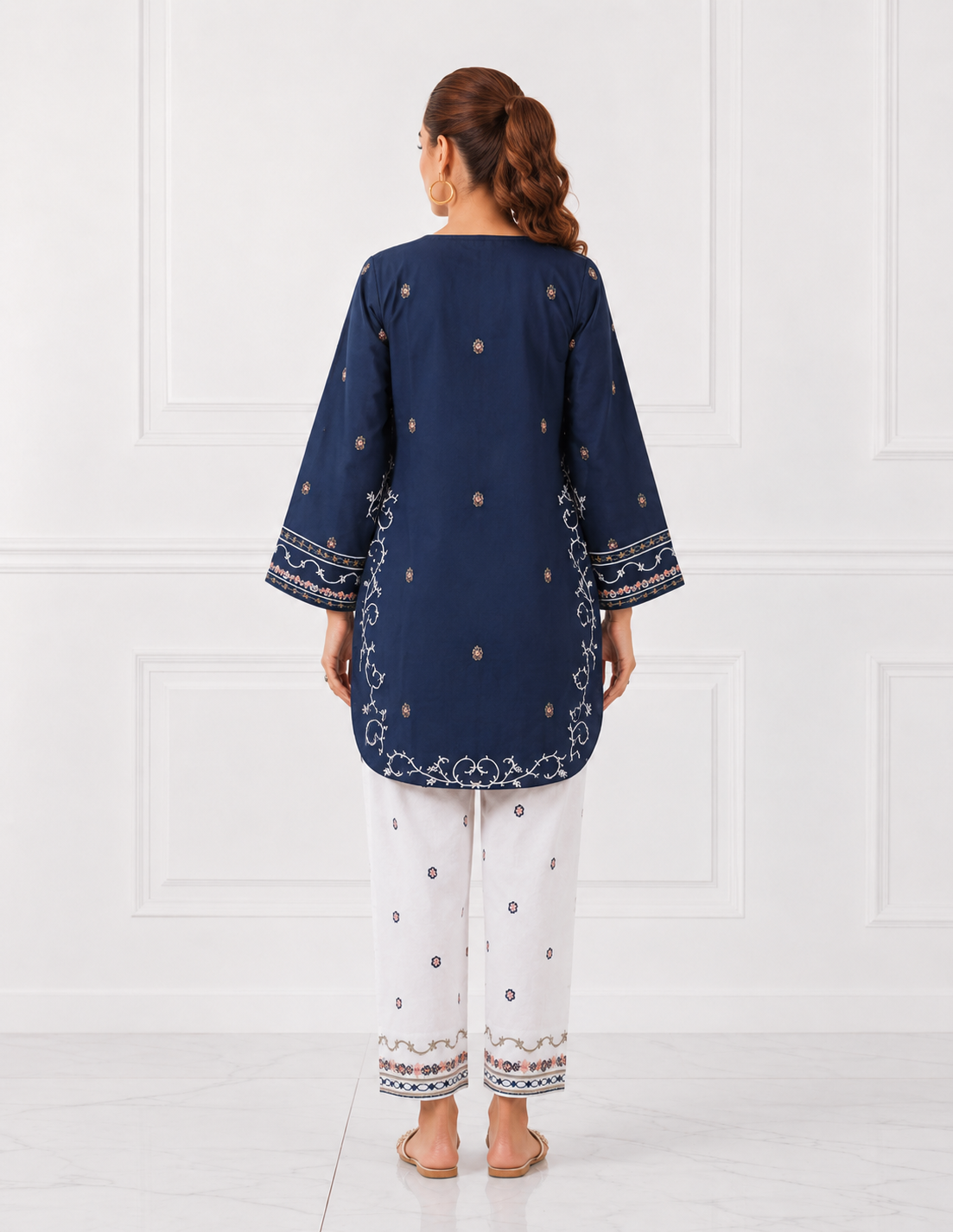 Navy blue embroidered Bareeze cotton lawn 2 piece cord set back view