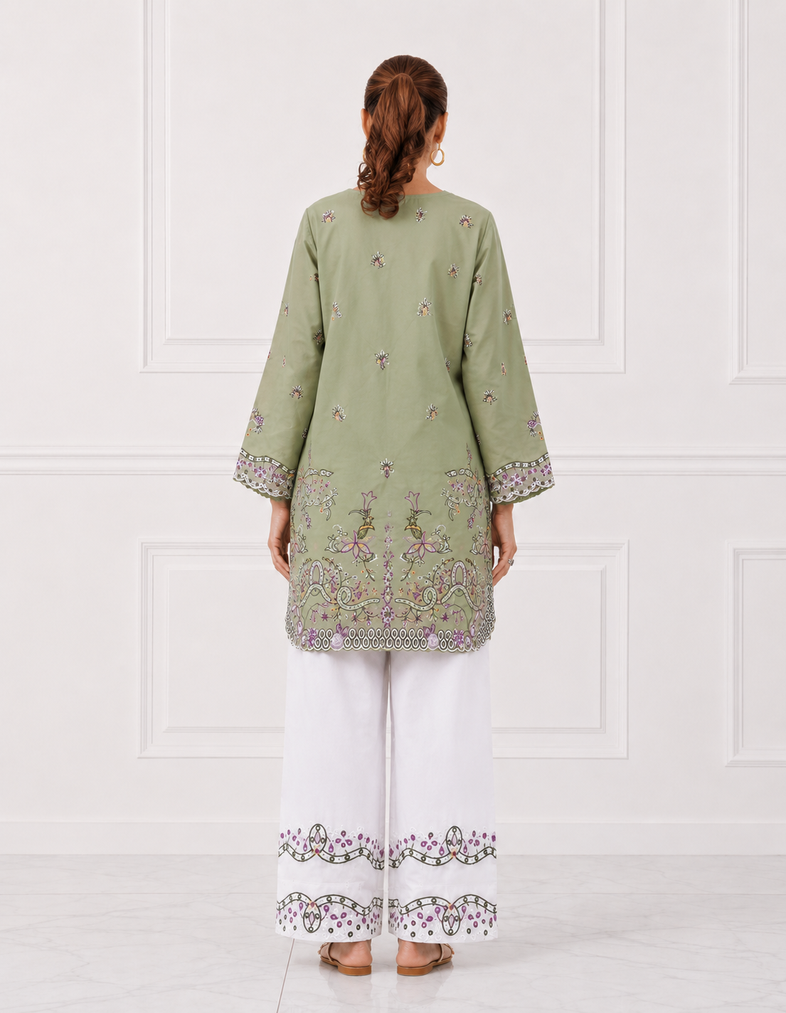 Olive sage green embroidered Bareeze cotton lawn 2 piece cord set back view