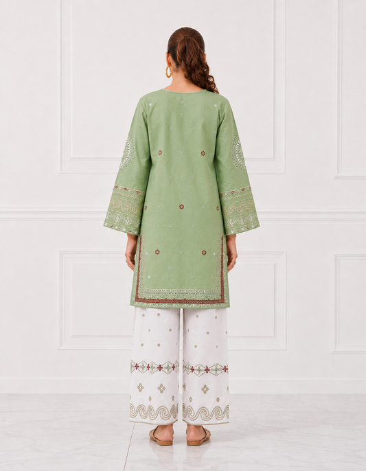 Sage green embroidered Bareeze cotton lawn 2 piece cord set back view