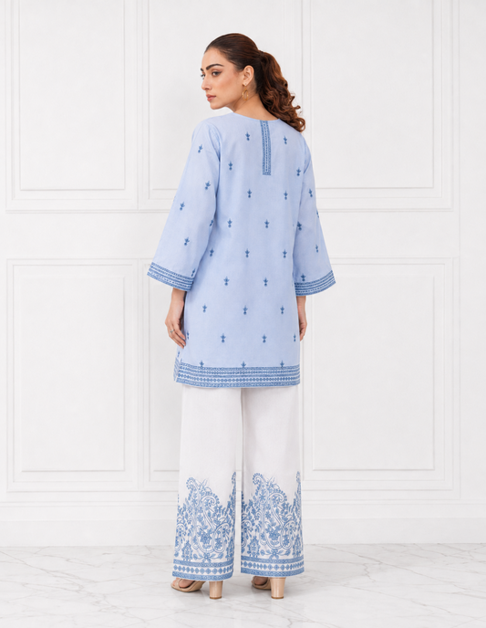 Sky blue embroidered cotton lawn 2 piece cord set back view