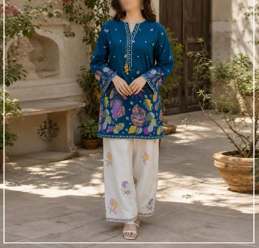 Traditional South Asian outfit consisting of a teal blue kurta with colorful floral prints and white wide-leg trousers, set against a courtyard background with potted plants.
