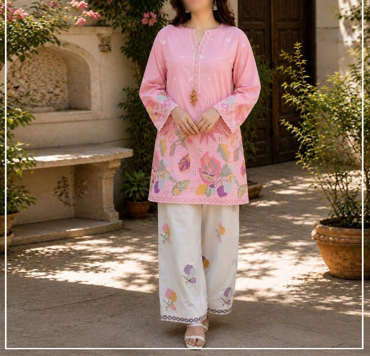 Traditional outfit consisting of a light pink kurta with colorful floral embroidery and white wide-leg palazzo pants