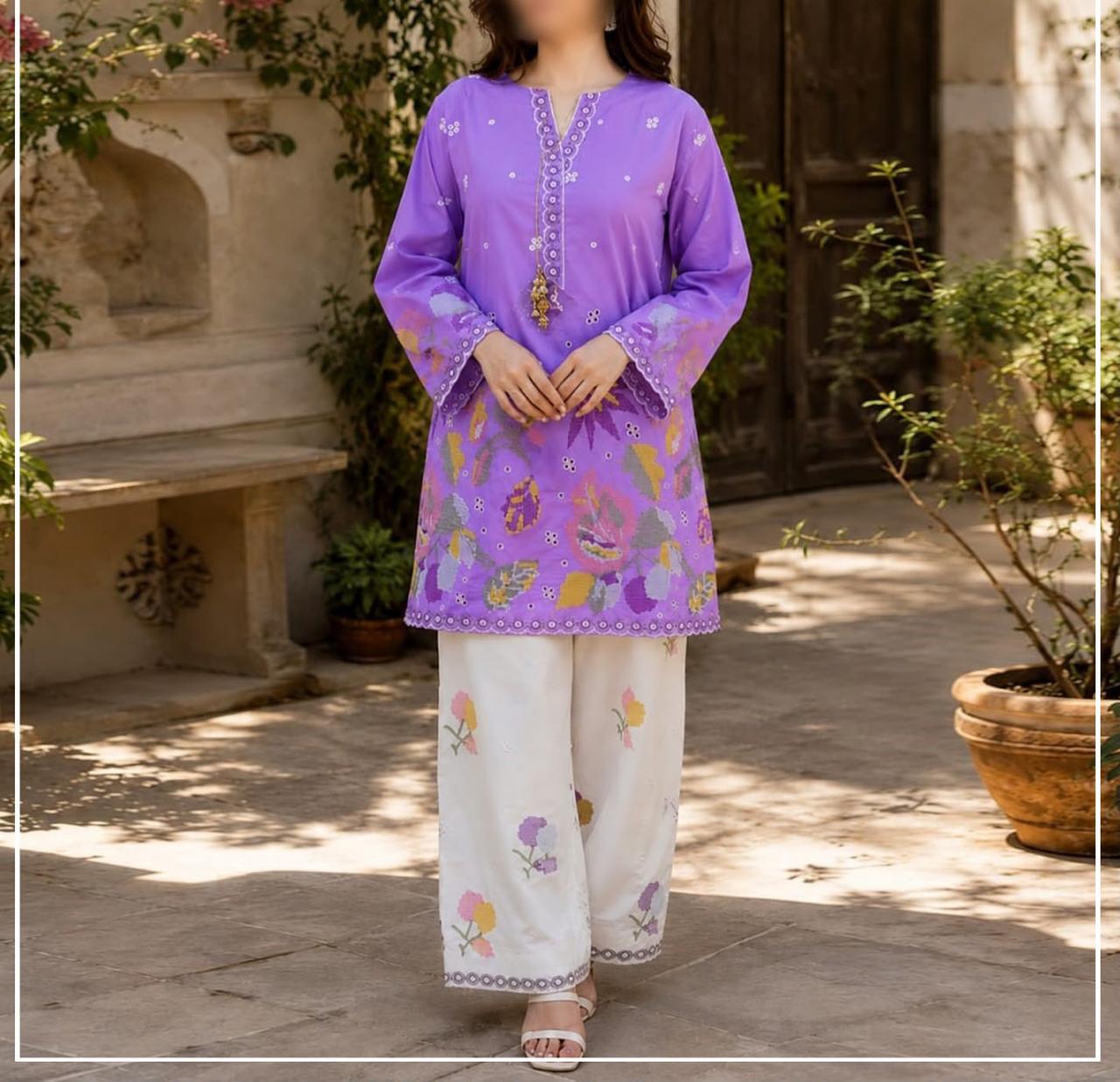Purple embroidered kurta with white wide-leg pants, standing in a sunlit courtyard with stone walls and potted plants.
