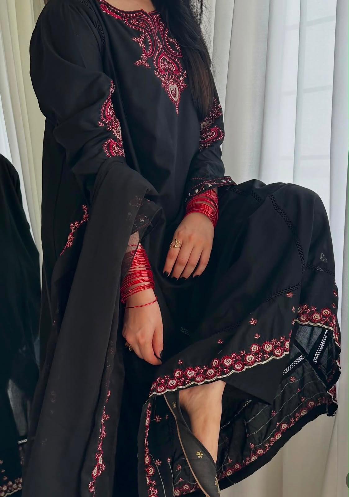 Siyah- Long Frok 3-Piece Cotton Lawn