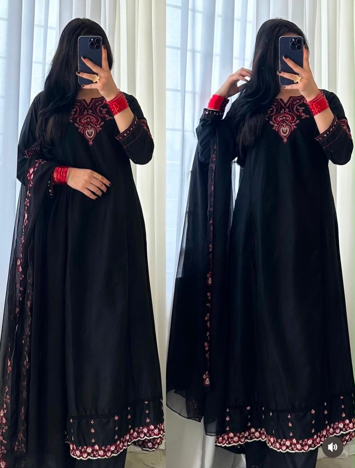 Siyah- Long Frok 3-Piece Cotton Lawn