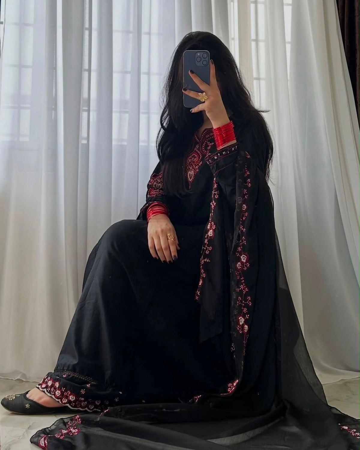 Siyah- Long Frok 3-Piece Cotton Lawn