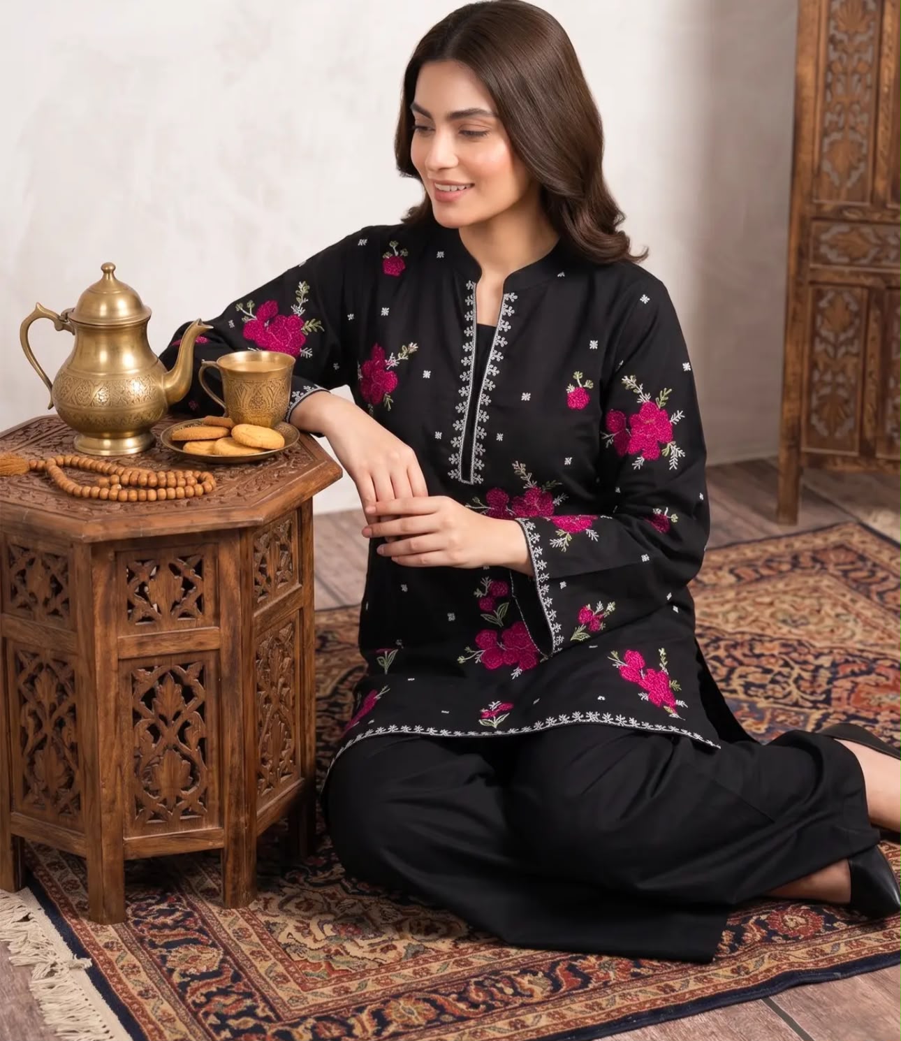 Marias 2 Piece Cotton Embroidered Black dress