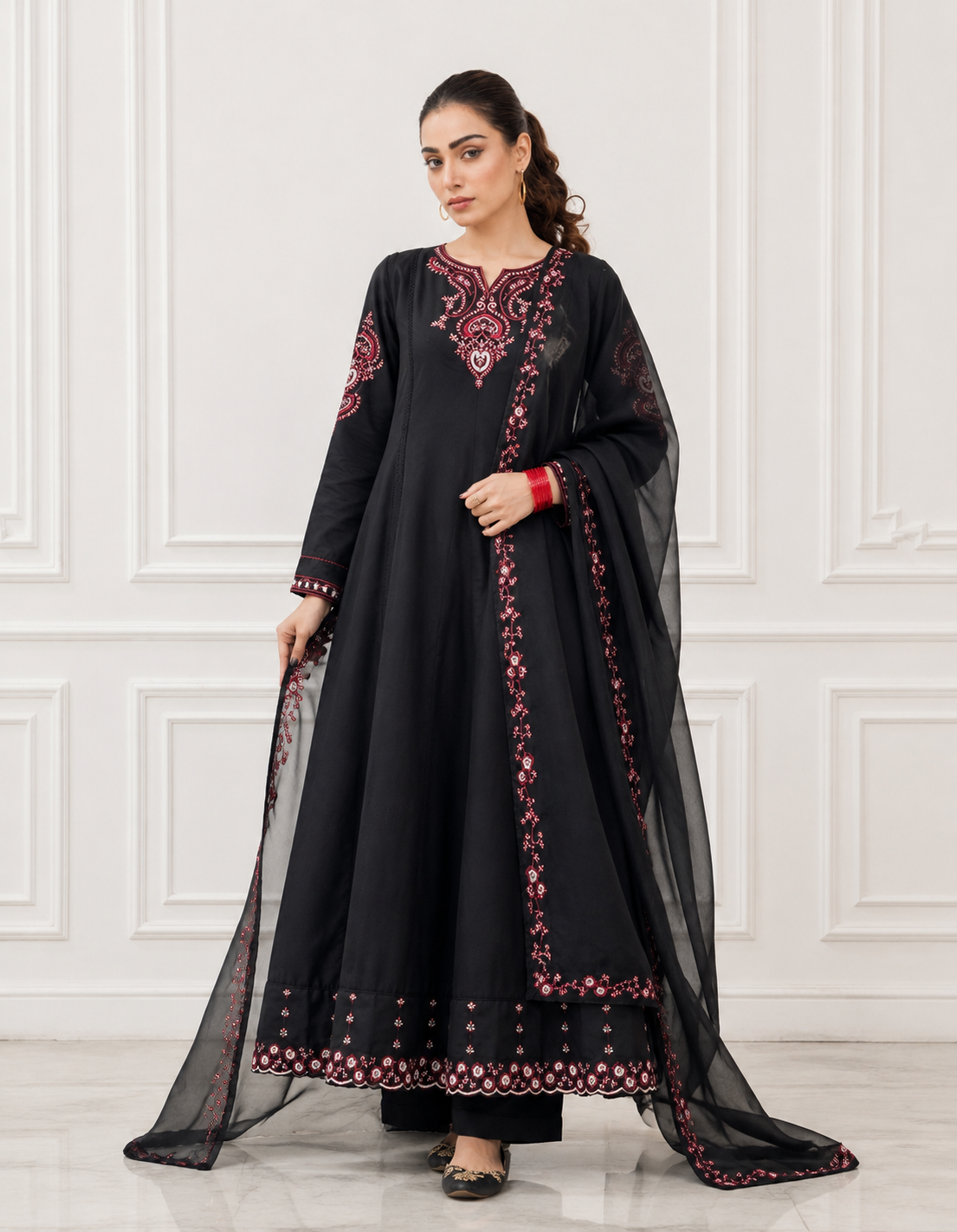 Siyah- Long Frok 3-Piece Cotton Lawn
