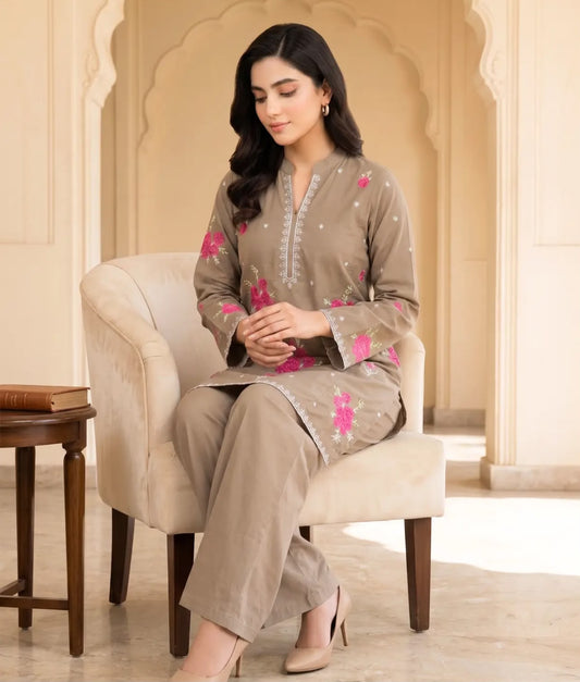 Marias 2 Piece Cotton Embroidered Dusty Brown dress