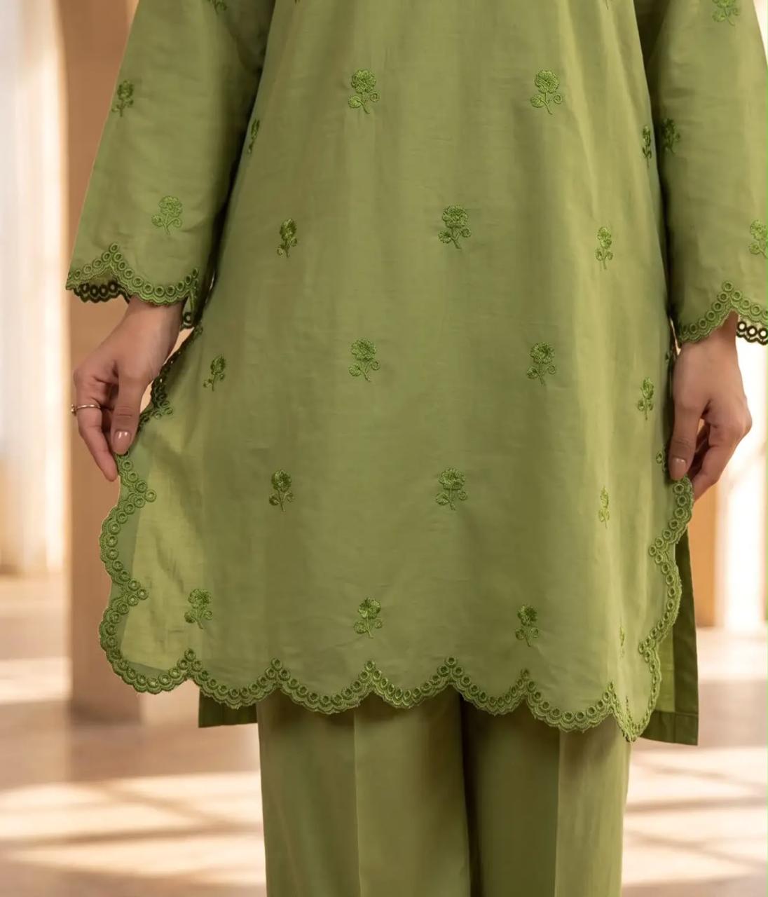 Mehr- 2 Piece Green Embroidered Cotton dress for Women