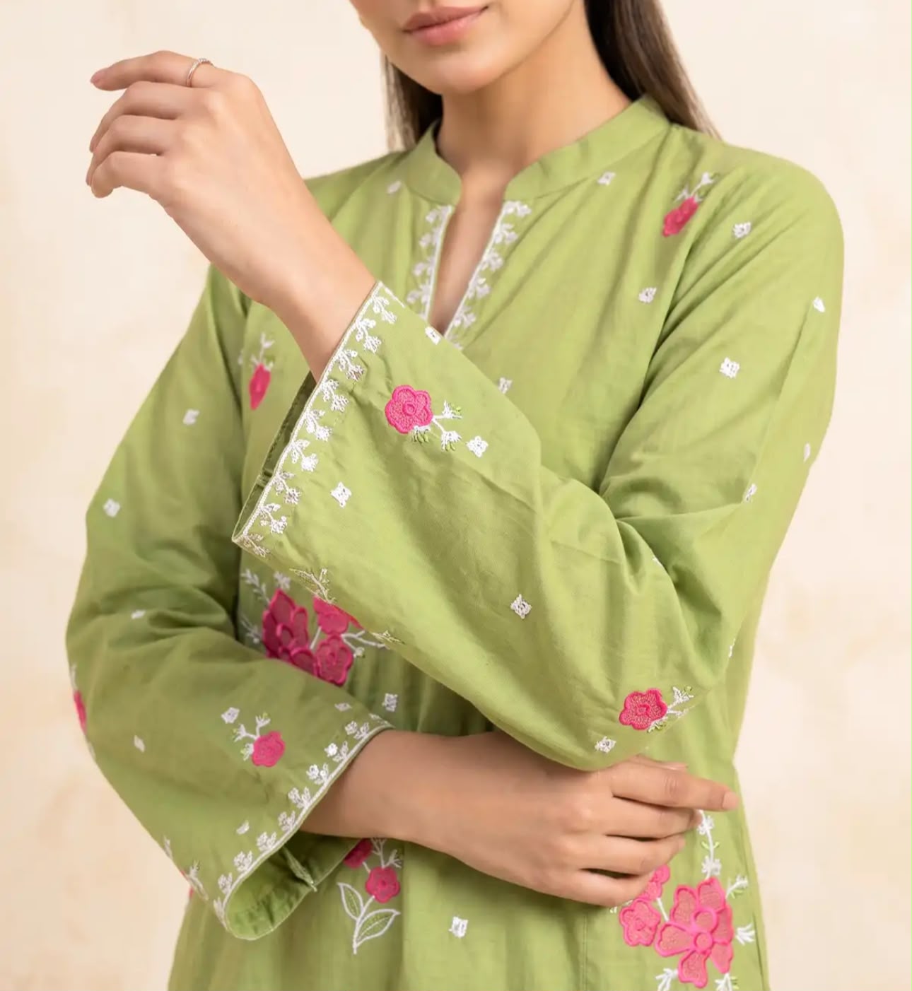 Marias 2 Piece Cotton Embroidered Sage Green dress