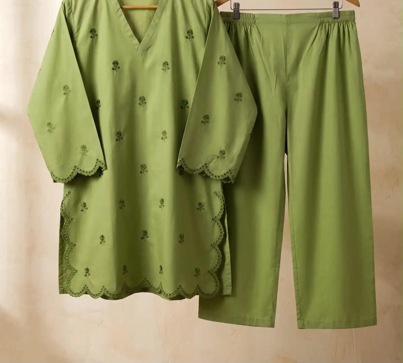 Mehr- 2 Piece Green Embroidered Cotton dress for Women