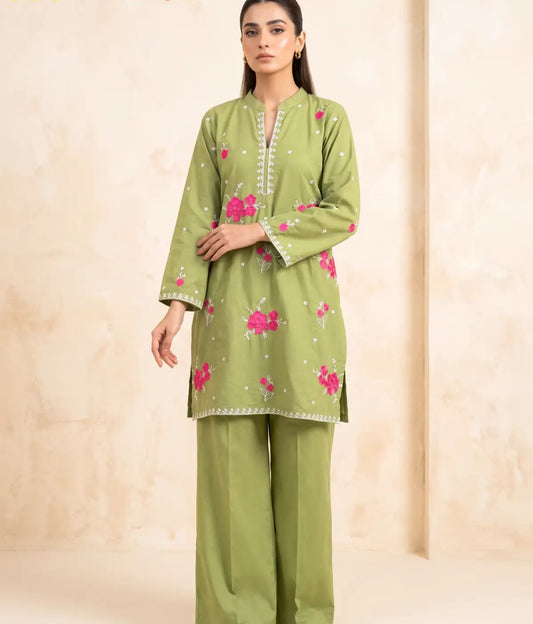 Marias 2 Piece Cotton Embroidered Sage Green dress