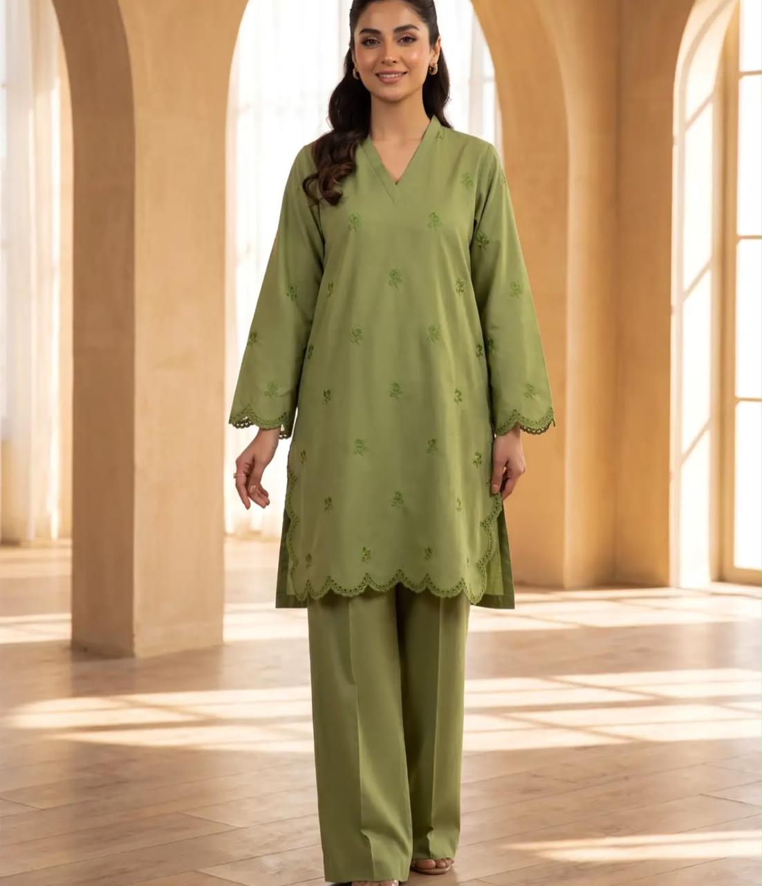 Mehr- 2 Piece Green Embroidered Cotton dress for Women