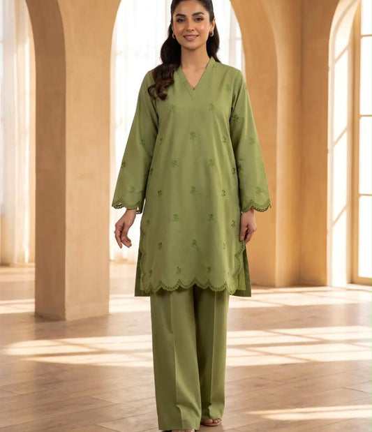 Mehr- 2 Piece Green Embroidered Cotton dress for Women