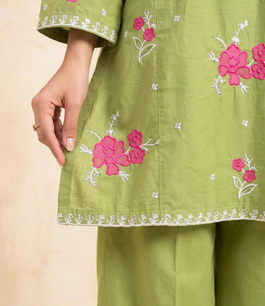 Marias 2 Piece Cotton Embroidered Sage Green dress
