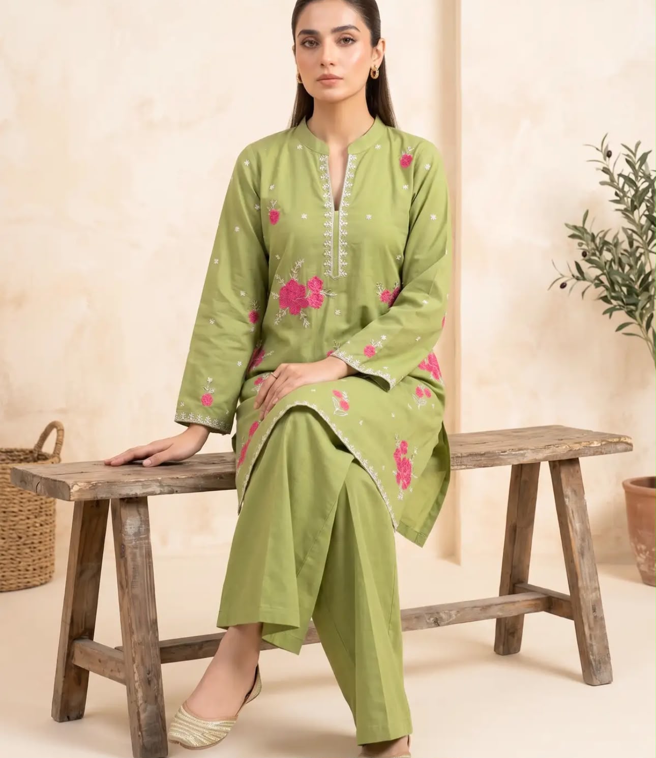 Marias 2 Piece Cotton Embroidered Sage Green dress