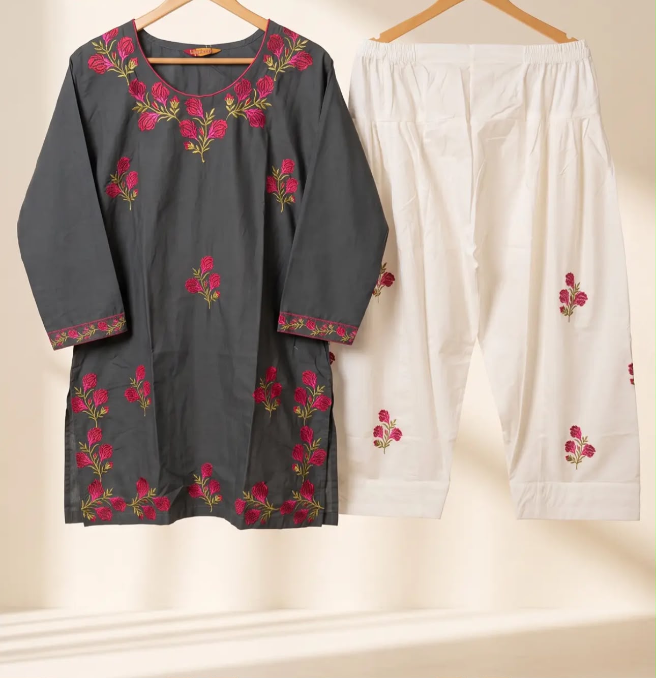 Gulab Grey 2-Piece Embroidered Cotton Suit for Women