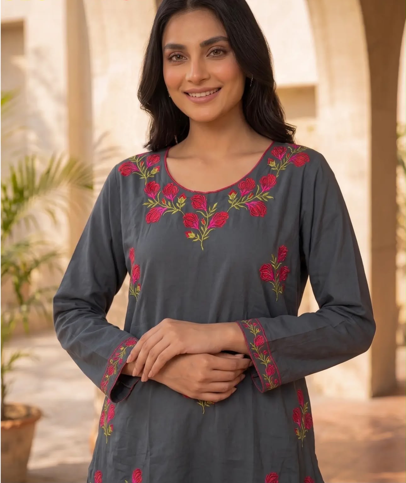 Gulab Grey 2-Piece Embroidered Cotton Suit for Women