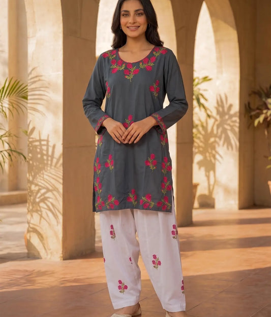 Gulab Grey 2-Piece Embroidered Cotton Suit for Women