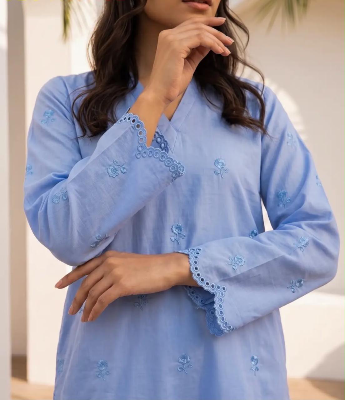 Mehr- 2 Piece Ice Blue Embroidered Cotton dress for Women
