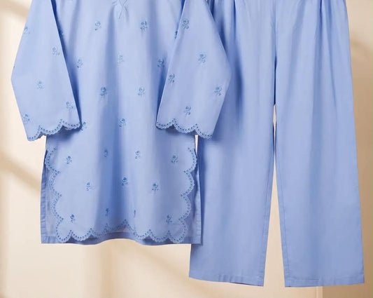 Mehr- 2 Piece Ice Blue Embroidered Cotton dress for Women