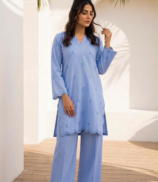Mehr- 2 Piece Ice Blue Embroidered Cotton dress for Women