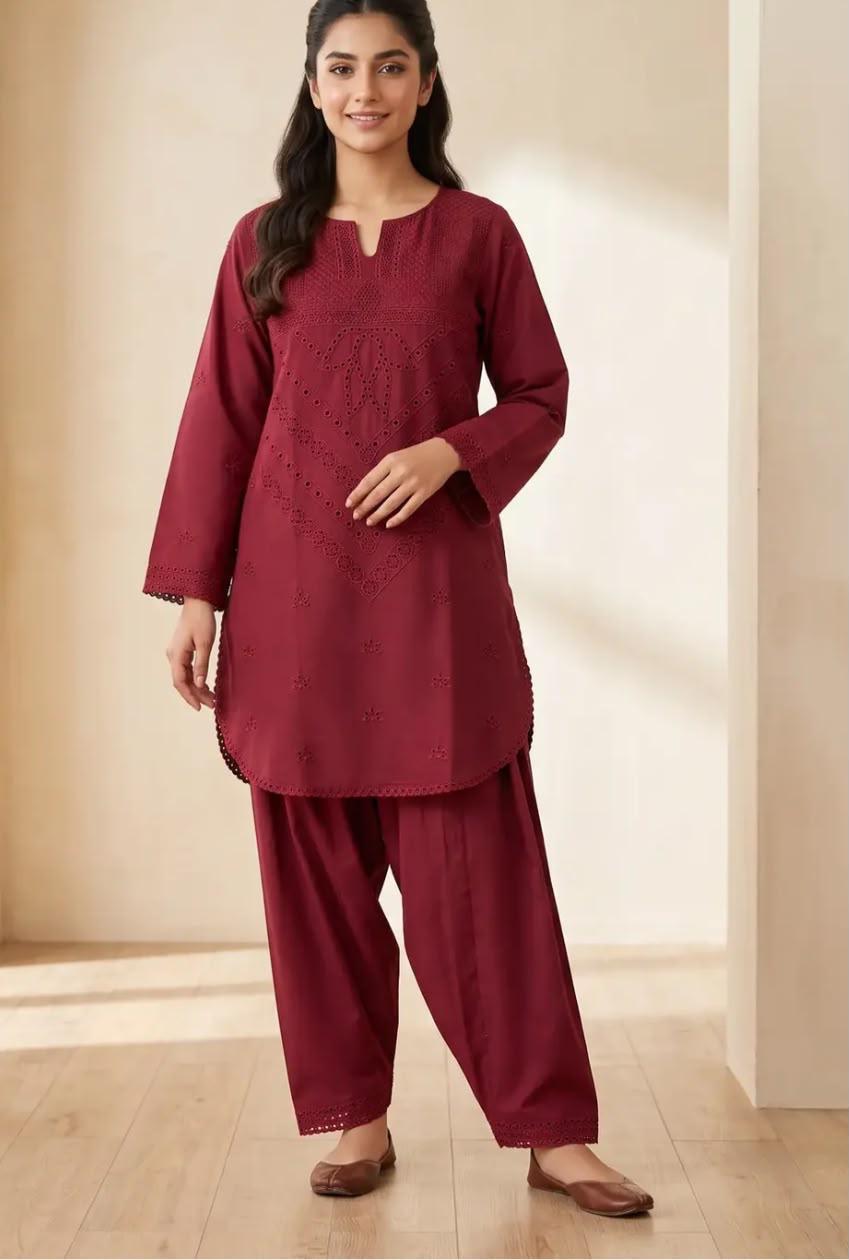 Kashish- 2 Piece Maroon Embroidered Lawn dress for Ladies