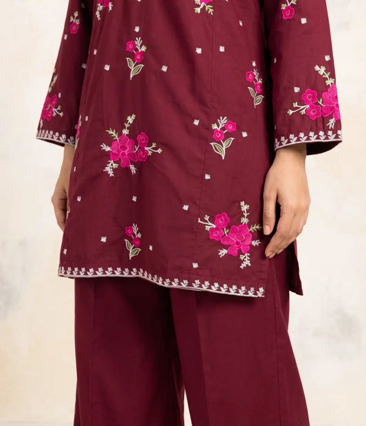 Marias 2 Piece Cotton Embroidered Maroon dress