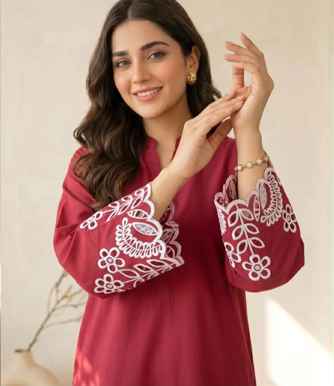 Flora Reign 2-Piece Maroon Embroidered Cotton Cord Suit