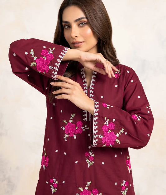Marias 2 Piece Cotton Embroidered Maroon dress