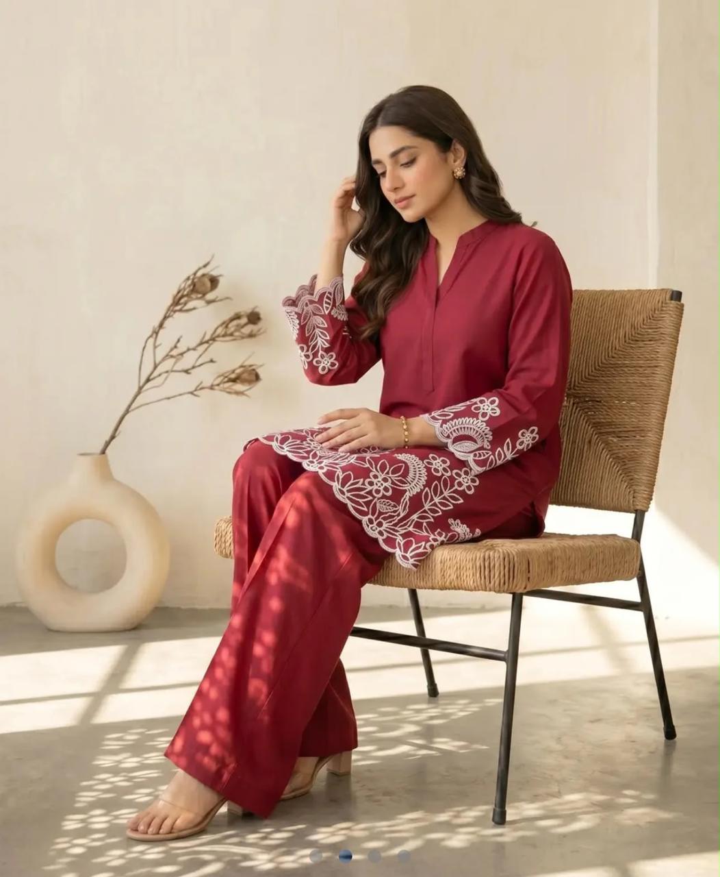 Flora Reign 2-Piece Maroon Embroidered Cotton Cord Suit