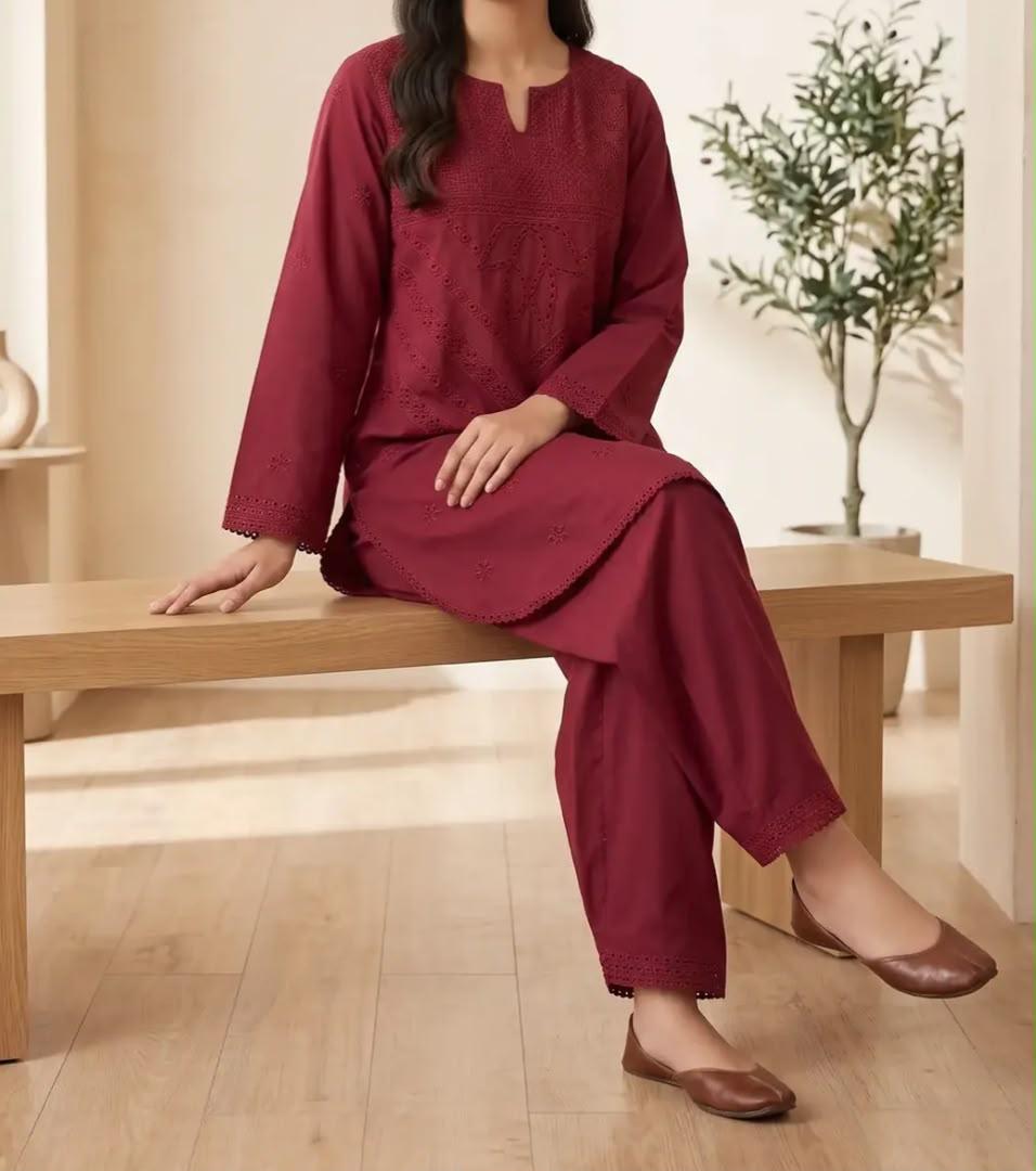 Kashish- 2 Piece Maroon Embroidered Lawn dress for Ladies