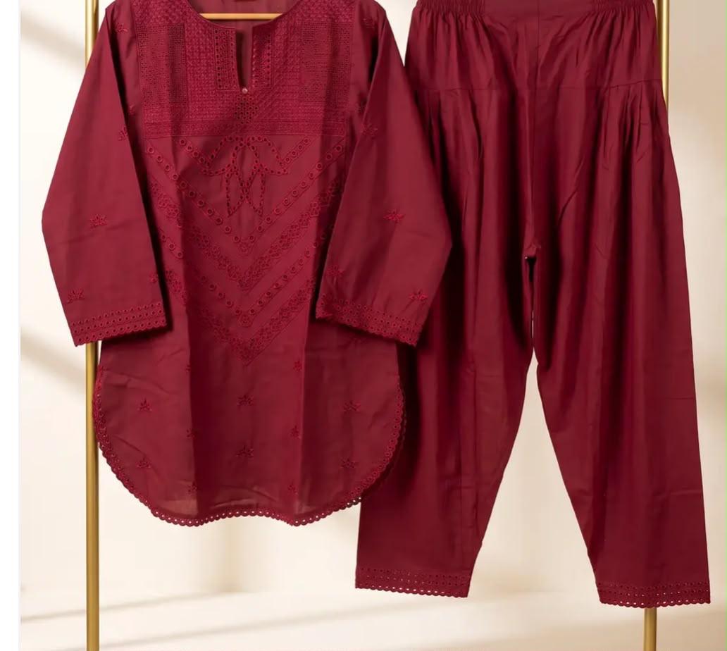 Kashish- 2 Piece Maroon Embroidered Lawn dress for Ladies