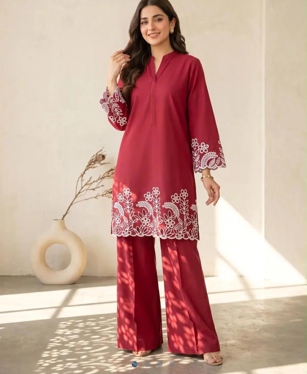 Flora Reign 2-Piece Maroon Embroidered Cotton Cord Suit