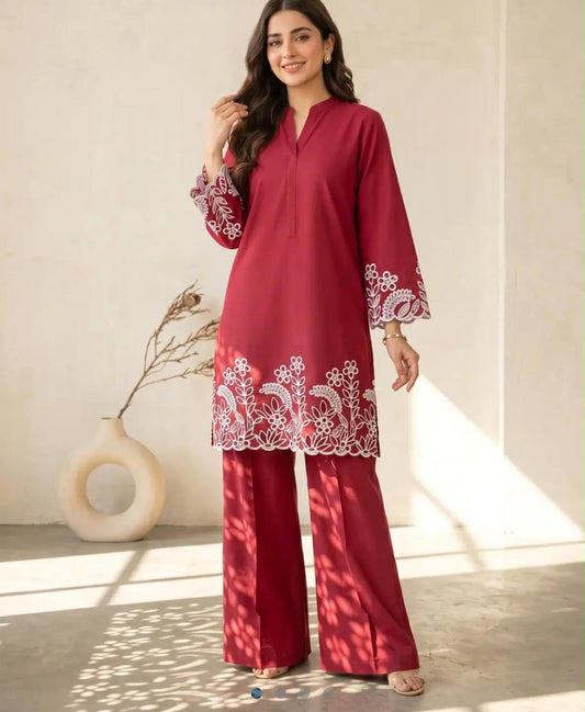 Flora Reign 2-Piece Maroon Embroidered Cotton Cord Suit
