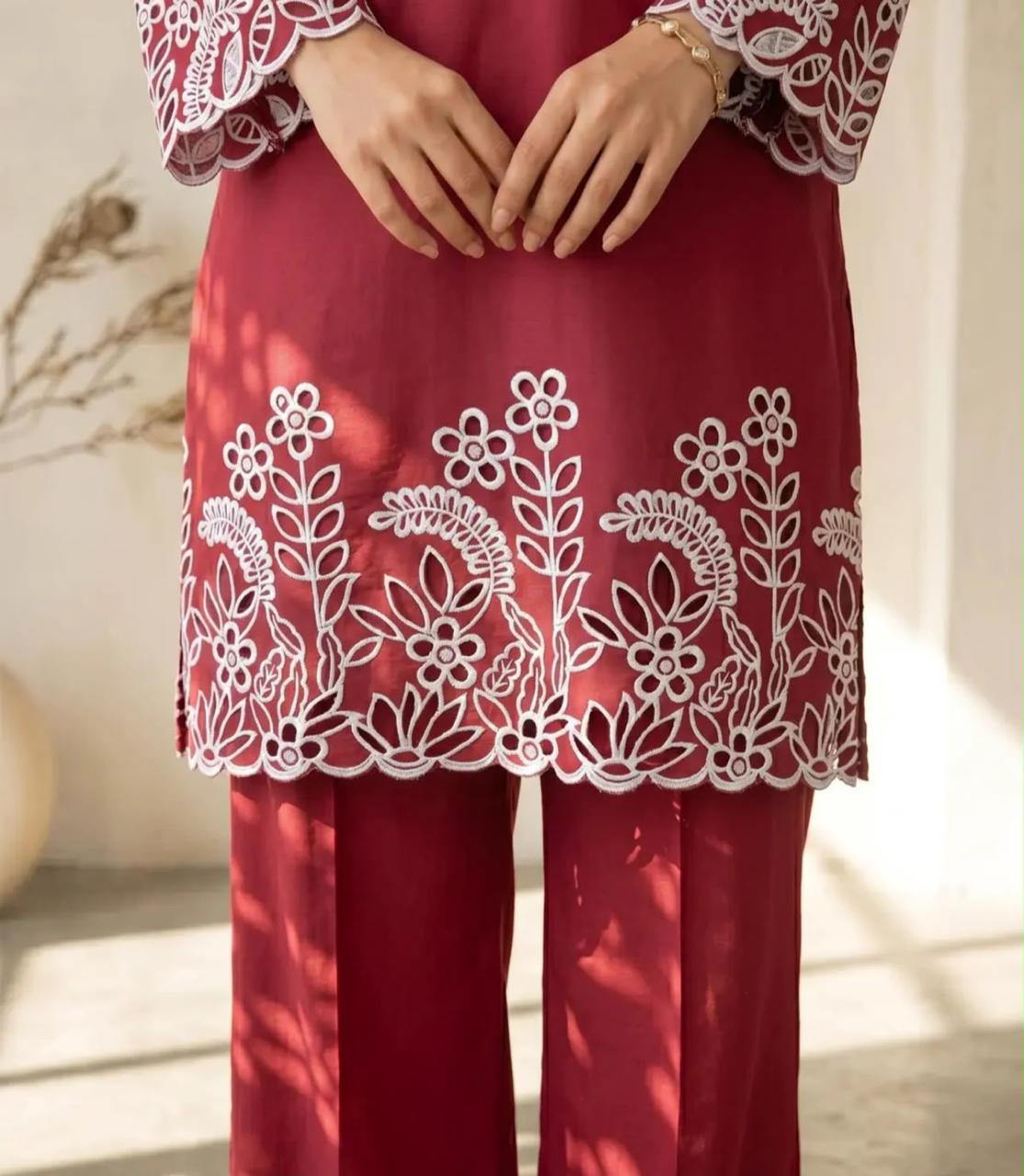 Flora Reign 2-Piece Maroon Embroidered Cotton Cord Suit