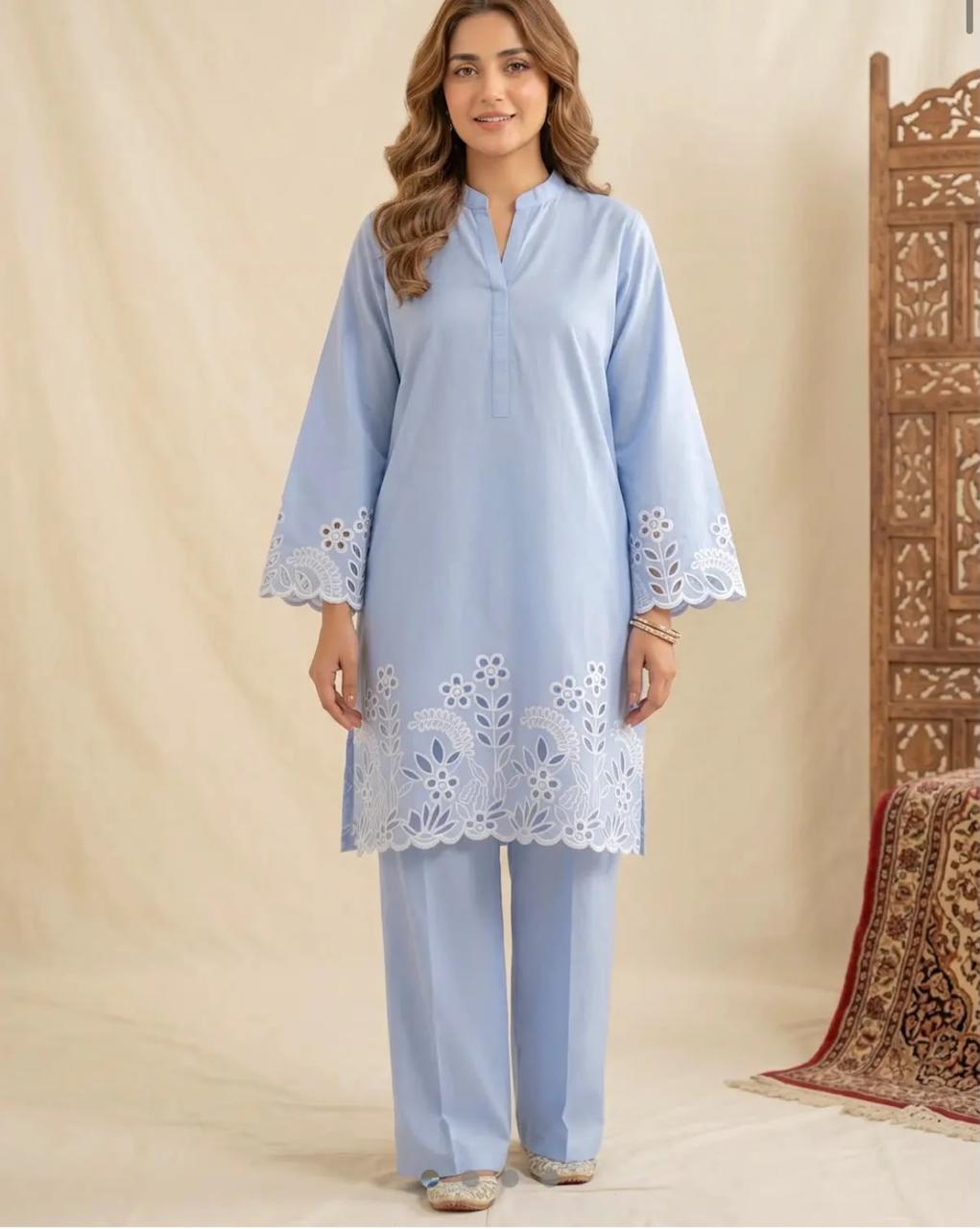 Flora Reign 2-Piece Pastel Blue Embroidered Cotton Cord Suit